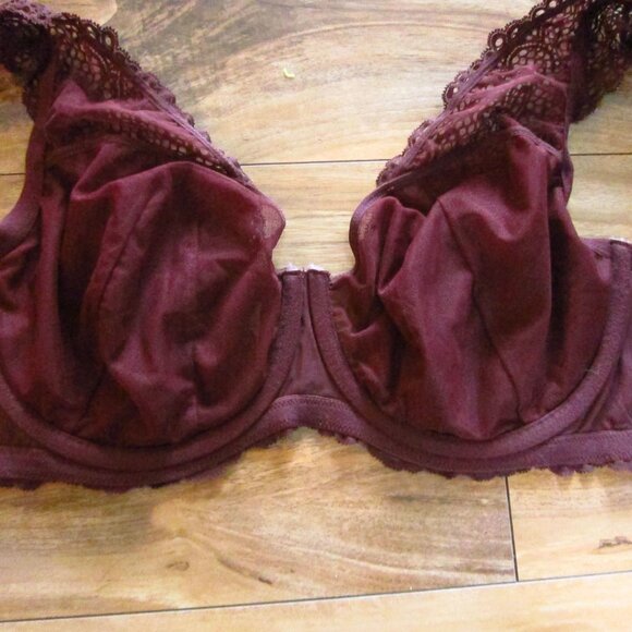 CACIQUE Burgundy Sheer Lace Unlined Balconette Underwire Bra Size 42DDD - Picture 4 of 7